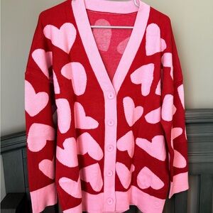 Oversized Pink and Red Heart Patterned Women's v-neck button up cardigan